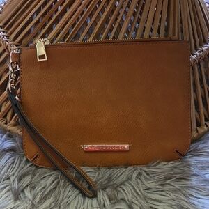 Poppy & Peonies Tan Brown Leather Wristlet Clutch with Gold Hardware